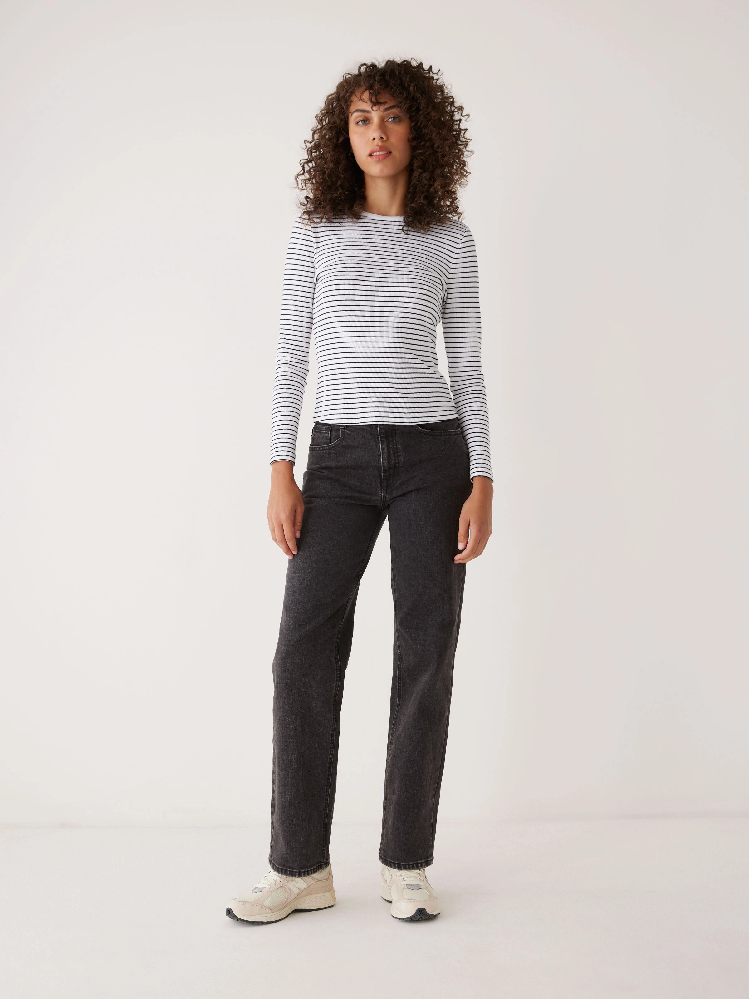 The Striped Long Sleeve Ribbed Top in Black and White