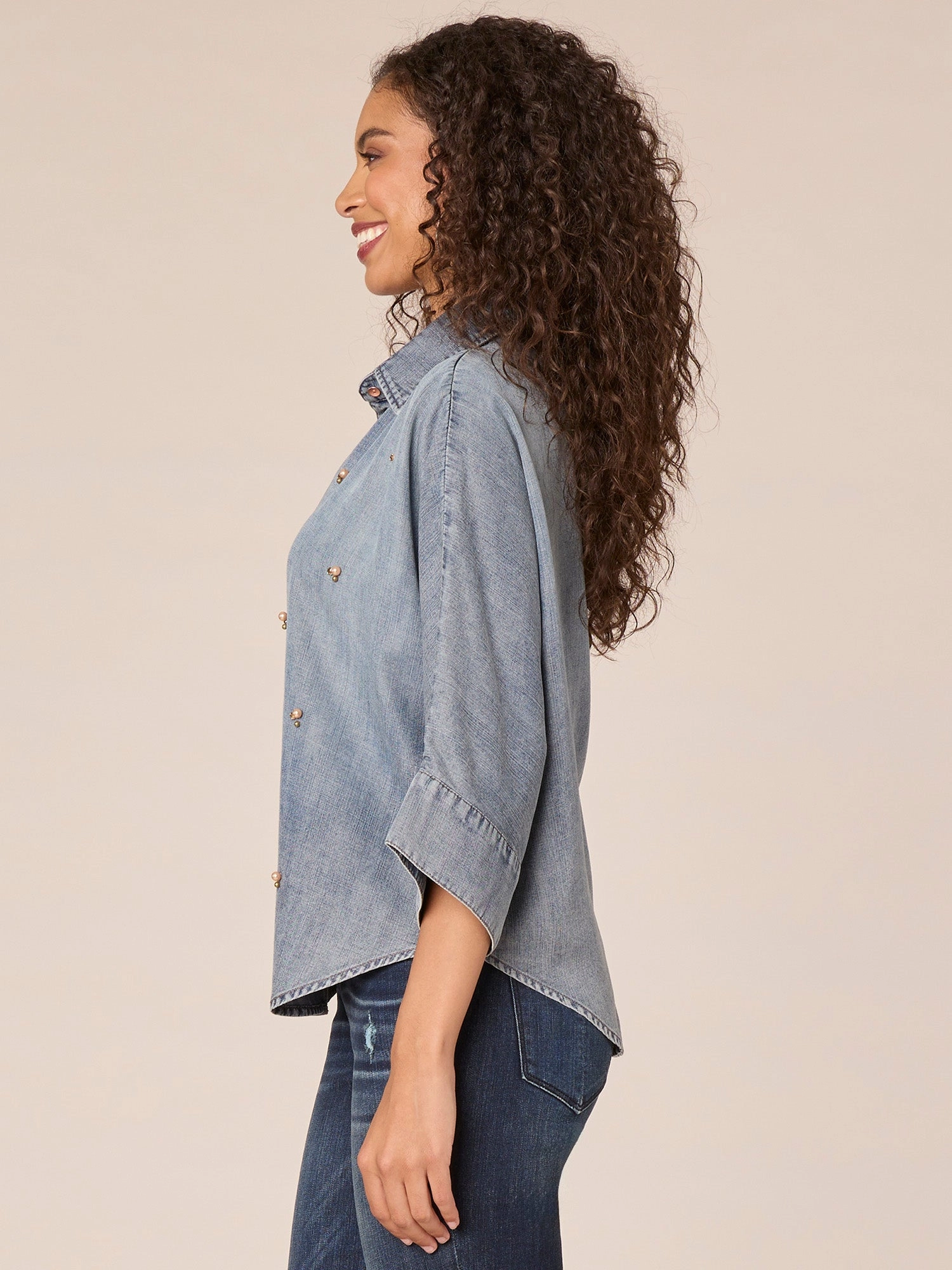 Three Quarter Raglan Sleeve Button Front Beaded Hi-Low Knit Top