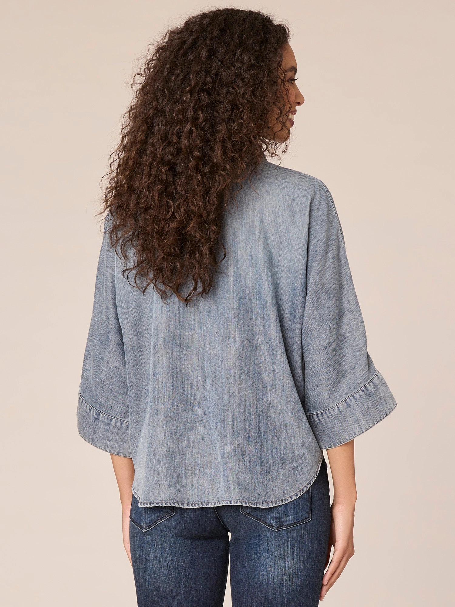 Three Quarter Raglan Sleeve Button Front Beaded Hi-Low Knit Top