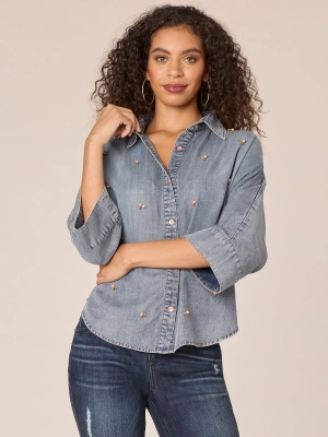 Three Quarter Raglan Sleeve Button Front Beaded Hi-Low Knit Top