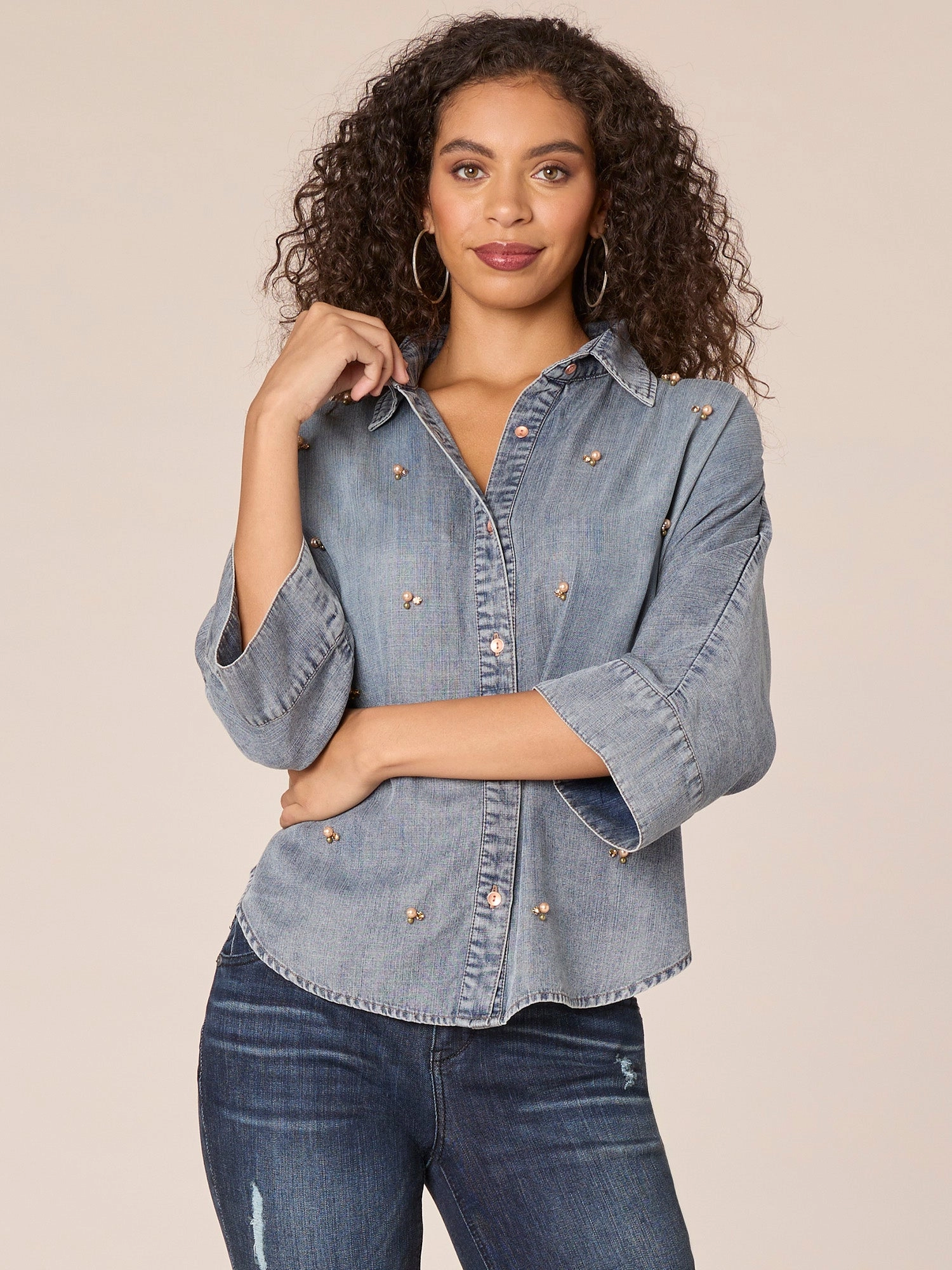 Three Quarter Raglan Sleeve Button Front Beaded Hi-Low Knit Top
