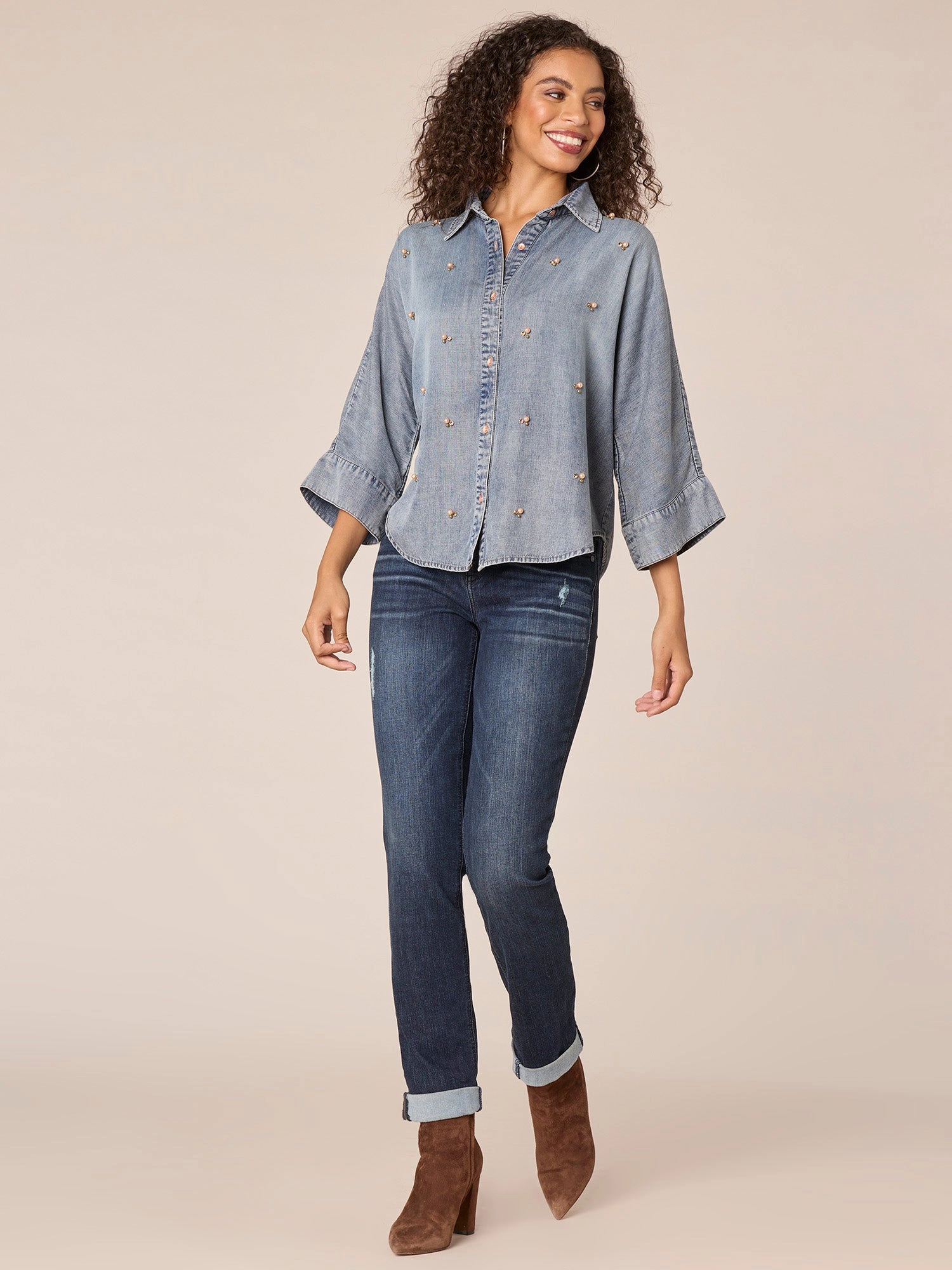 Three Quarter Raglan Sleeve Button Front Beaded Hi-Low Knit Top