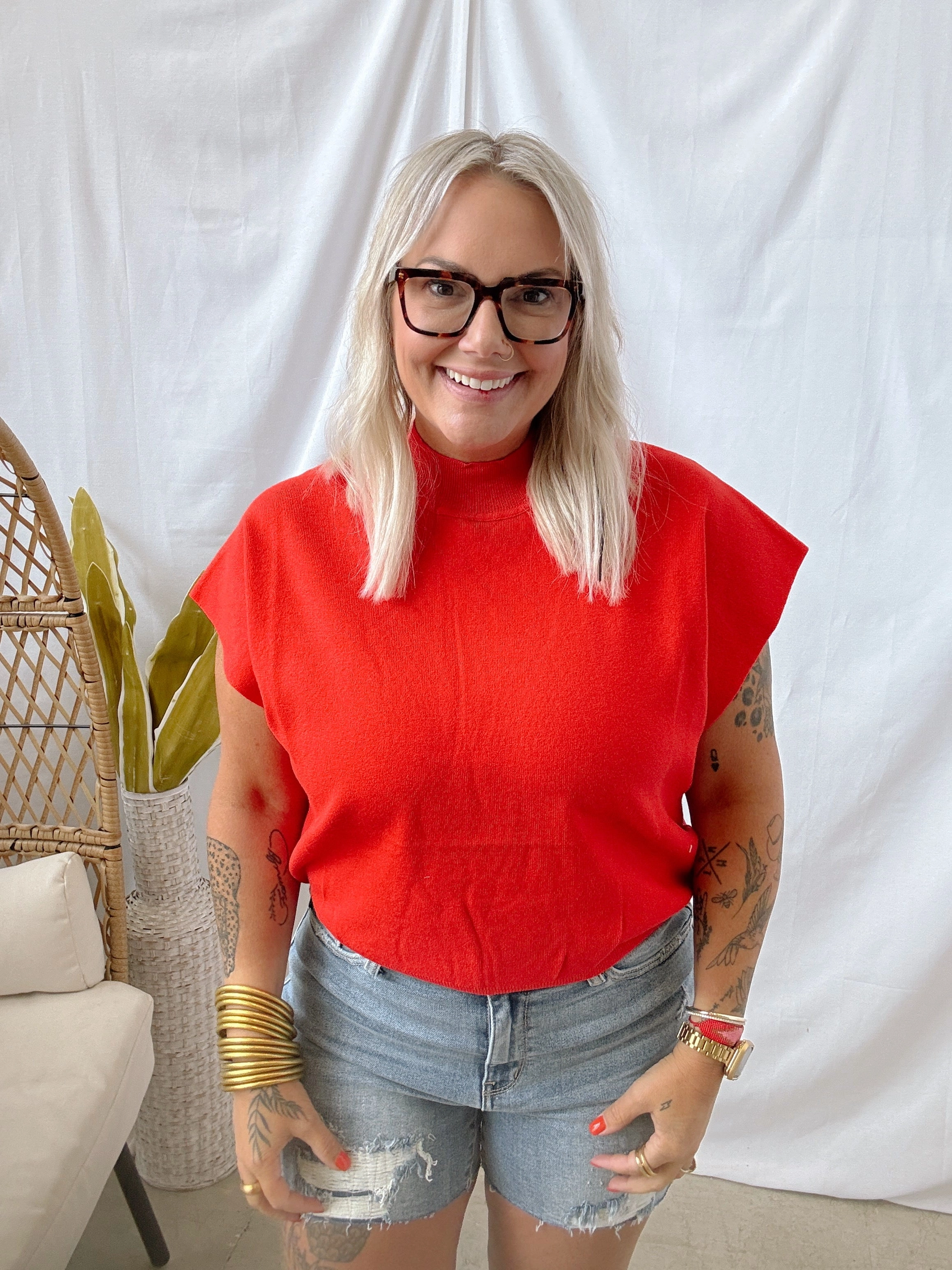 Tomato Mock Short Sleeve Sweater Top