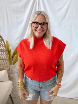 Tomato Mock Short Sleeve Sweater Top