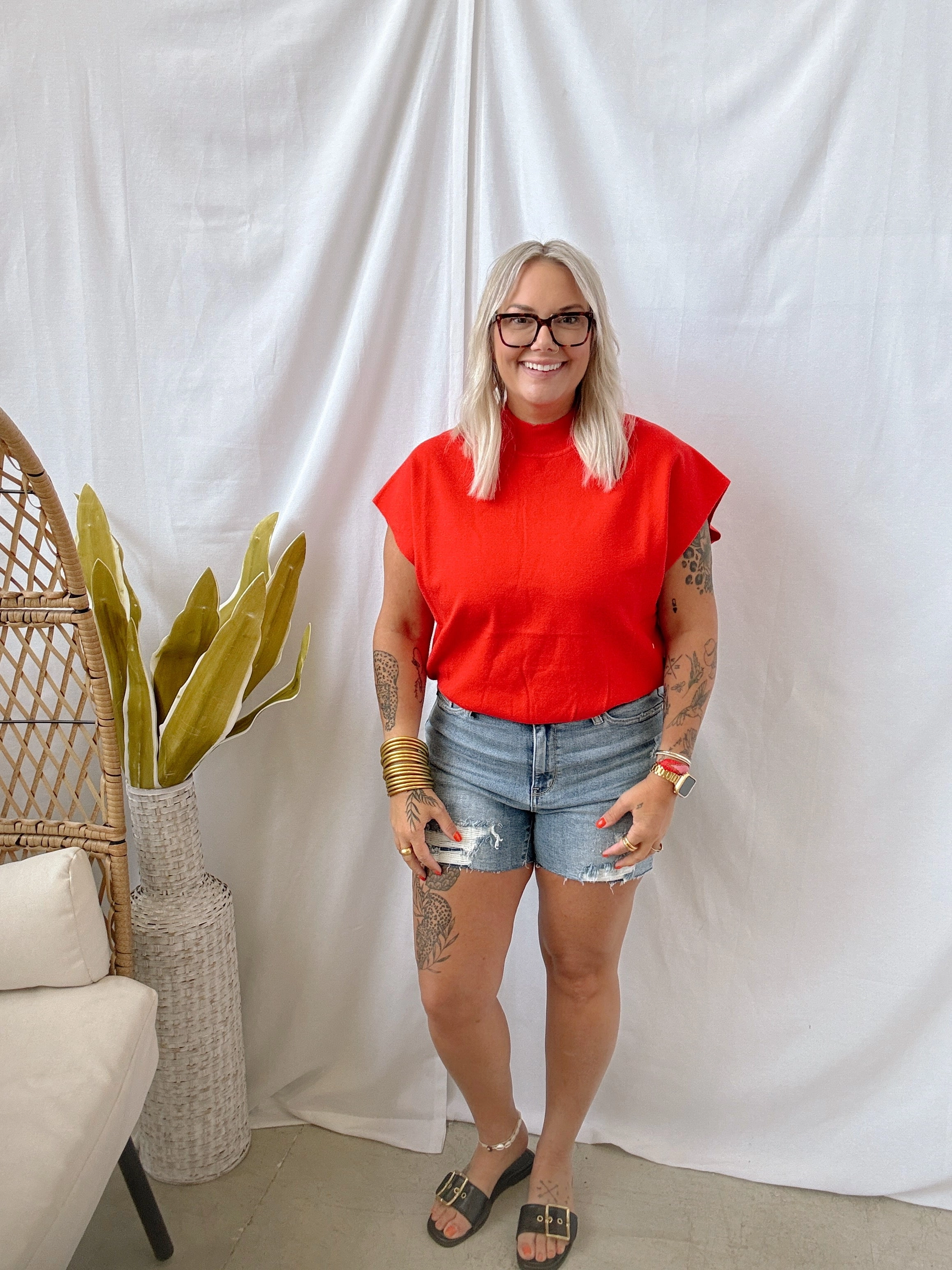Tomato Mock Short Sleeve Sweater Top