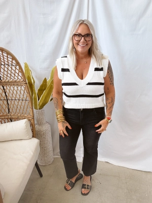 V Neck Black White Striped Vest
