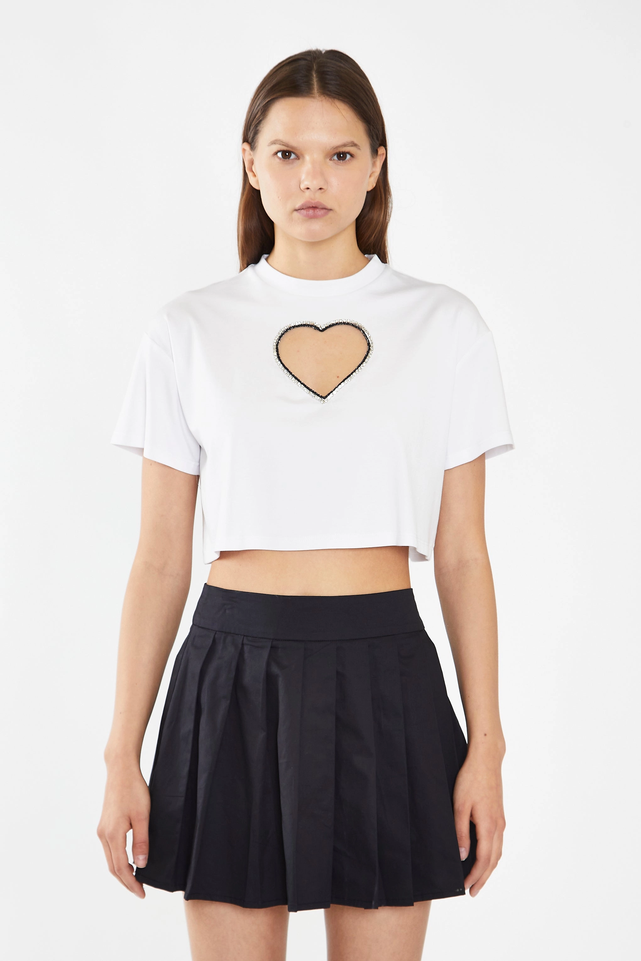White Embellished Heart Cut-Out Crop-Top
