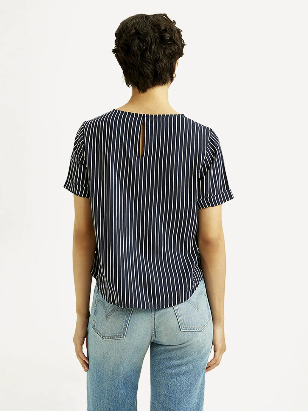 Women's Striped Navy Round Neck Top