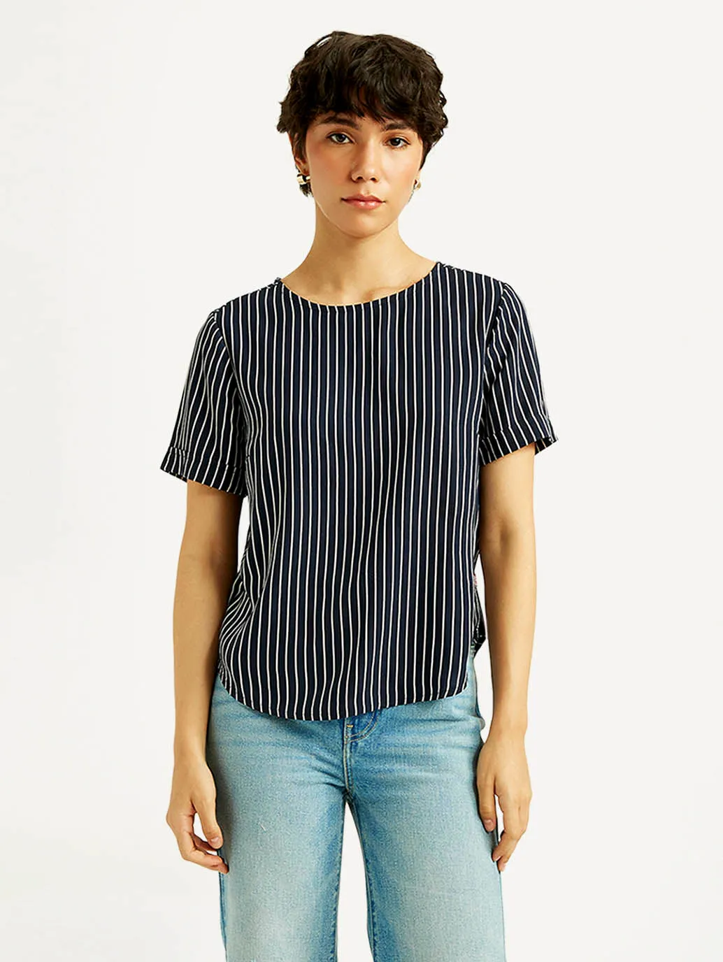 Women's Striped Navy Round Neck Top