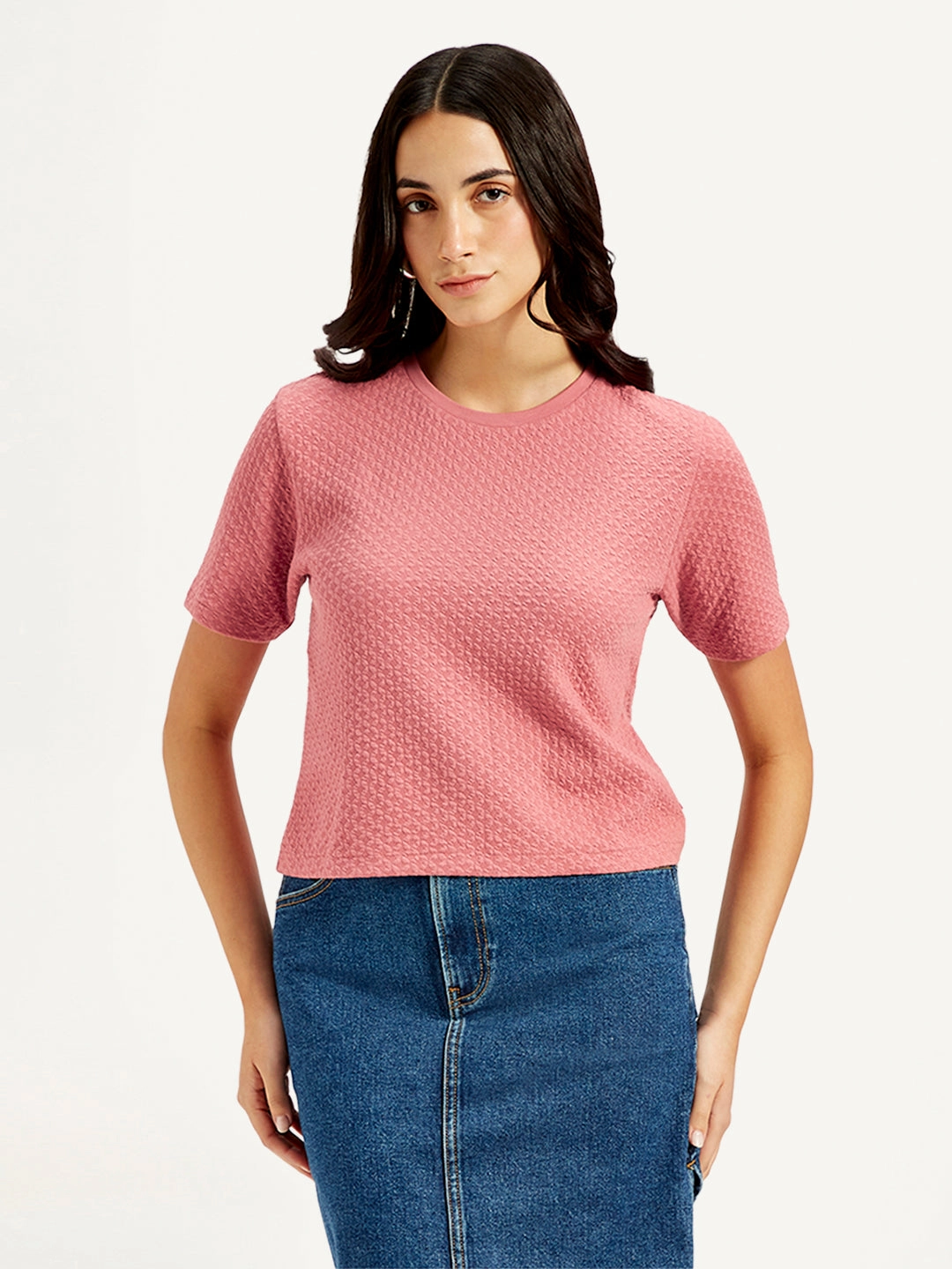 Women's Textured Peach Crew Neck Top