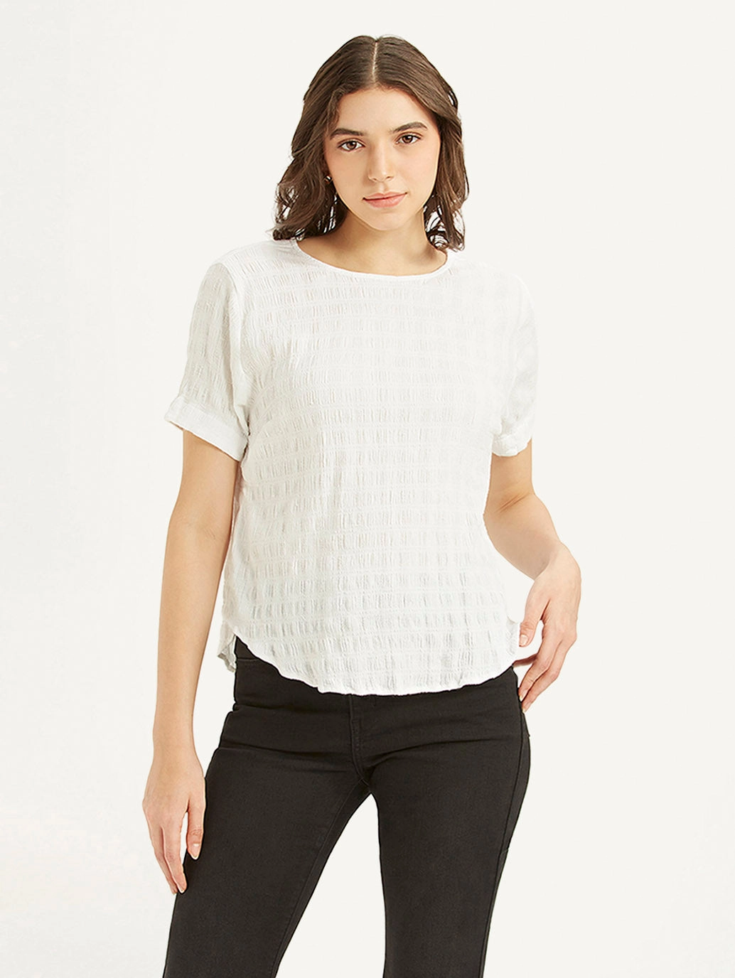 Women's Textured White Round Neck Top