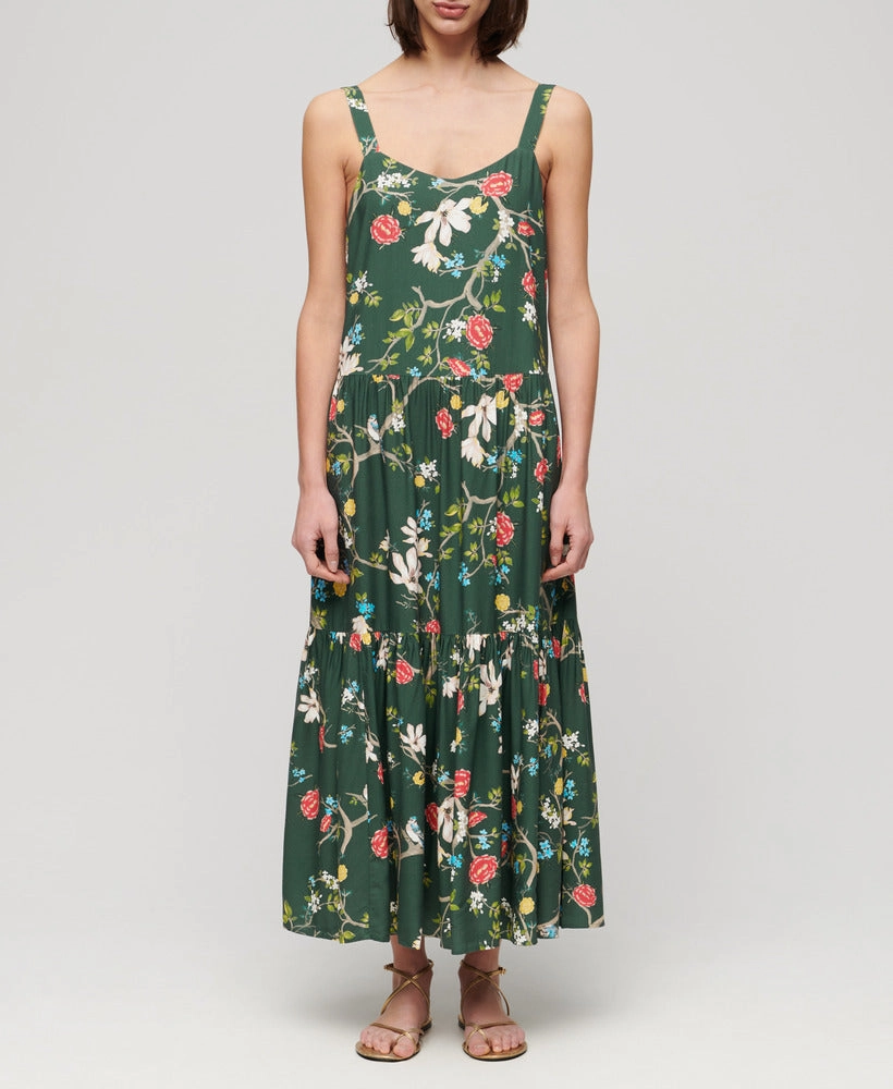 Woven Tiered Maxi Dress | Blossom Birds Green