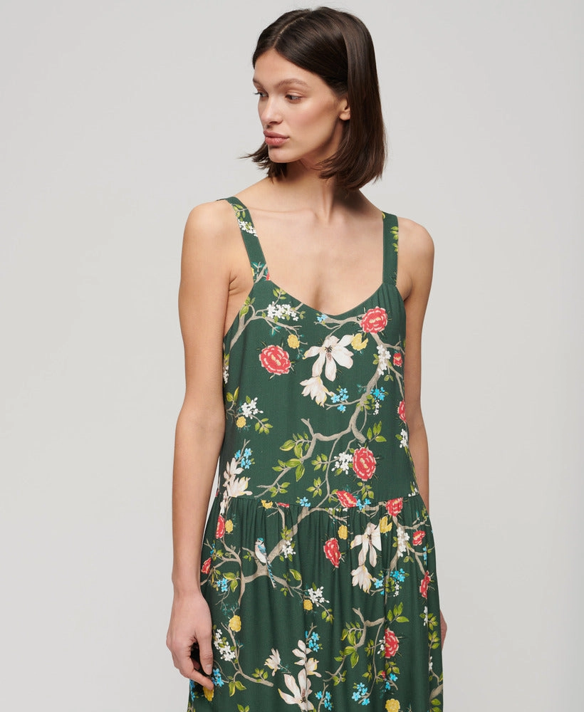 Woven Tiered Maxi Dress | Blossom Birds Green