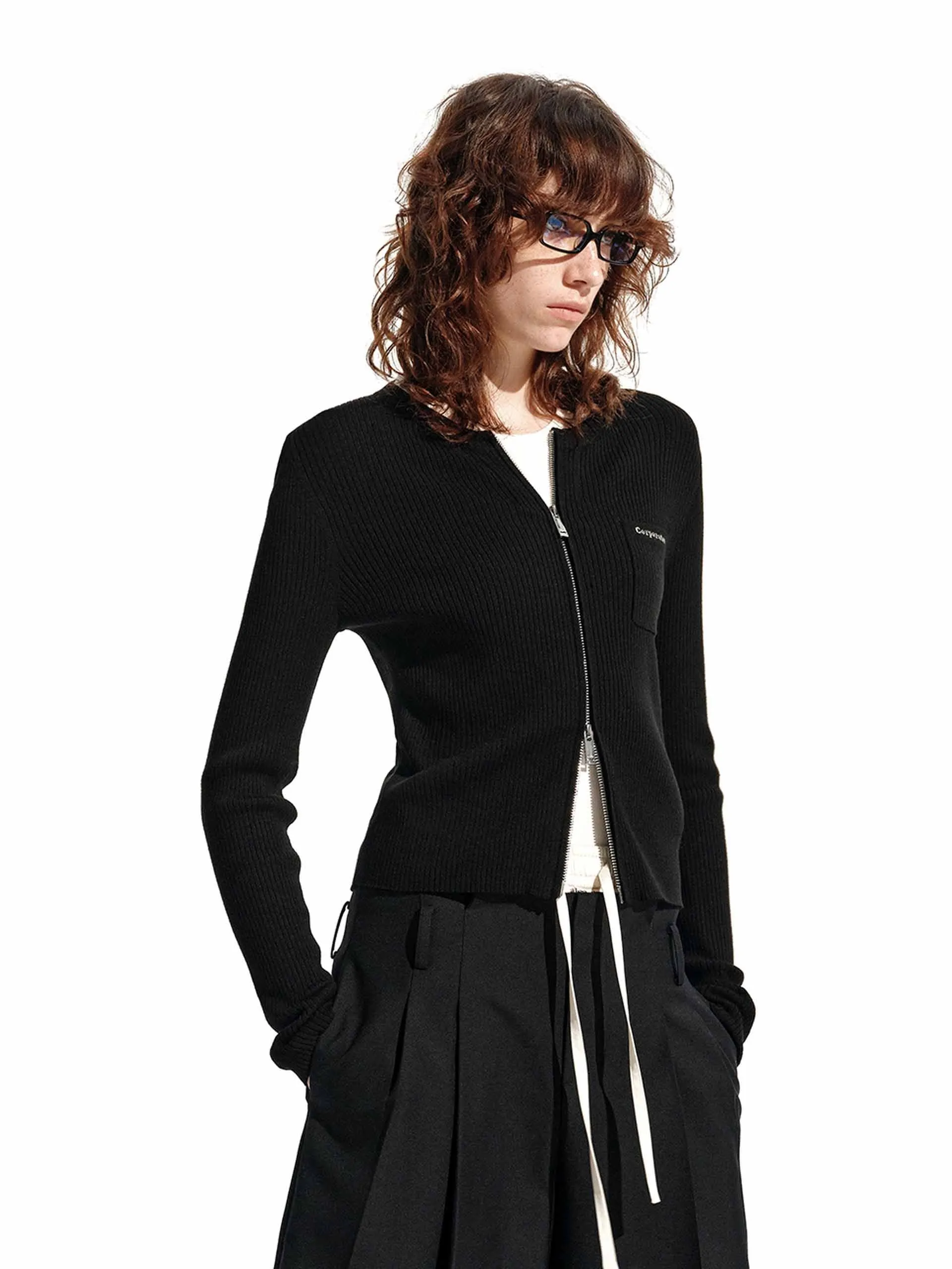 Zip Closure Ribbed Cardigan