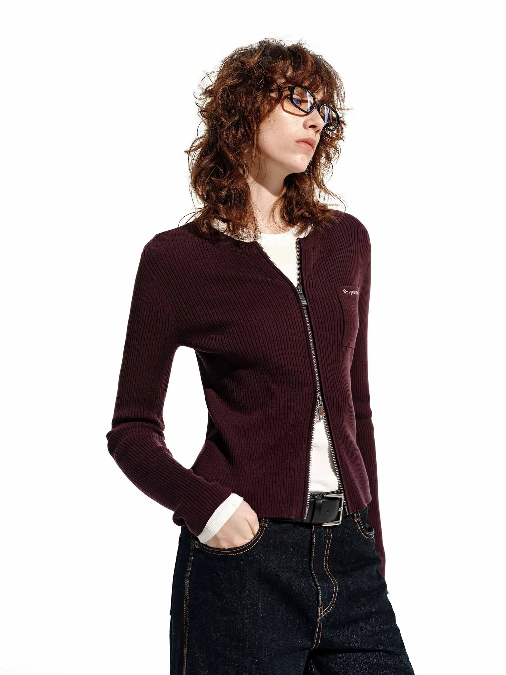 Zip Closure Ribbed Cardigan