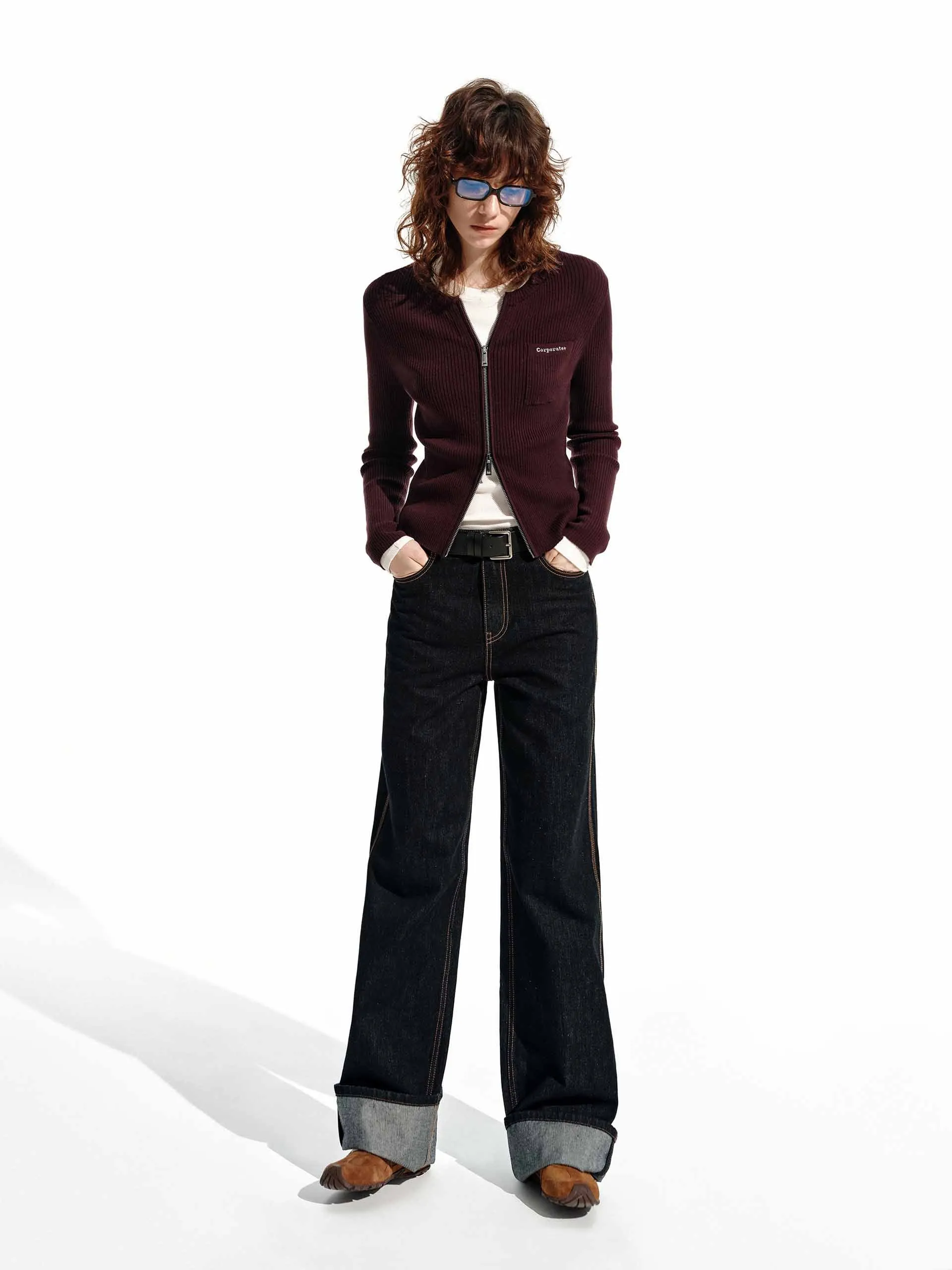 Zip Closure Ribbed Cardigan