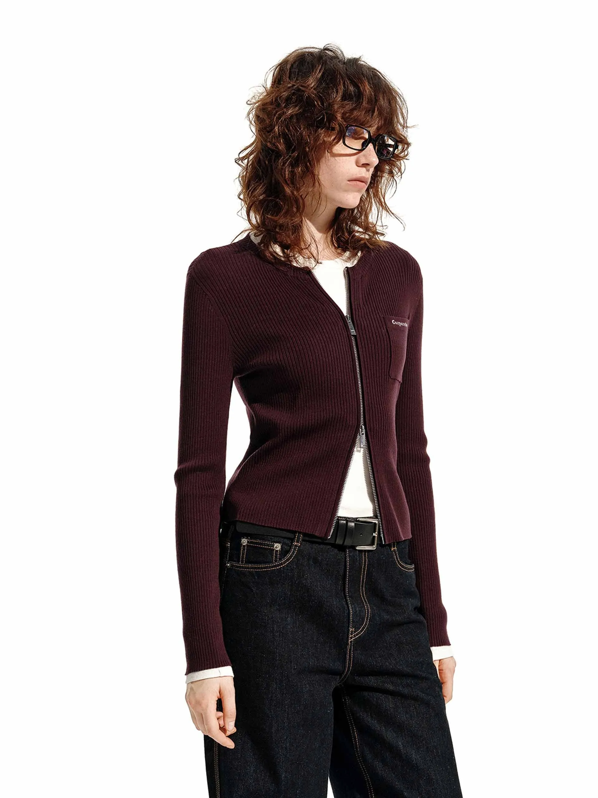 Zip Closure Ribbed Cardigan
